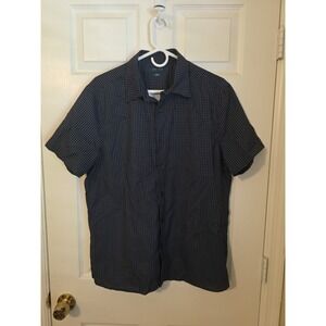 Perry Ellis Mens Premium Shirt Large Navy Blue Short Sleeve Polka Dot‎ Collared